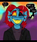  2015 anime anthro blondevelvet blue_skin blush clothing english_text eye_patch eyewear female fish hair mammal marine monster red_hair sharp_teeth smile solo teeth text undertale undyne video_games 