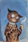  ambiguous_gender blind blue_background brown_fur cat cigar collar eyewear feline fur holding license_info louis_wain low_res mammal monocle nude public_domain semi-anthro simple_background smoke solo traditional_media_(artwork) whiskers 