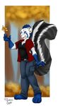  anthro arcturus autumn barefoot blue_eyes blue_hair cargo_pants clothed clothing ear_piercing eyebrow_piercing facial_piercing female hair leaf nose_piercing oli_snowpaw piercing red_shirt septum_piercing skanderp solo striped_tail 