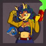  blue_hair brown_eyes canine carmelita_fox cleavage clothed clothing female fox gun hair macro male mammal matthew_the_mouse micro midriff navel police raccoon ranged_weapon shrinking sly_cooper sly_cooper_(series) smile solo_focus weapon 