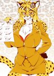  amakuchi angry anthro big_breasts black_hair blonde_hair bra breasts cheetah chest_tuft cleavage clothed clothing eyewear feline female fur glasses hair hand_on_hip huge_breasts long_hair looking_at_viewer mammal miniskirt multicolored_hair red_eyes solo teacher tuft two_tone_hair underwear 