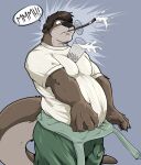 anthro beverage bubble_tea claws clothing drinking_straw hands-free_bubble_tea hi_res male mammal membrane_(anatomy) meme muffled muffled_scream mustelid otter otter_tail overalls pandottermon shirt solo spilled_beverage spilled_milk t-shirt topwear webbed_hands white_clothing white_shirt white_t-shirt white_topwear