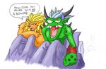  2009 anthro bed blanket blonde_hair blue_eyes brown_fur dialogue digimon duo english_text fangs fur green_body hair humor leomon lupinrager male male/male ogremon open_mouth sharp_teeth simple_background spikes teeth text white_background white_hair 