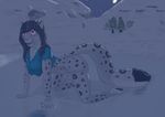  2015 clothing feline female fur hair haircut ice lake leopard mammal monochrome moon mountain night plejman shirt snow snow_leopard solo tree 