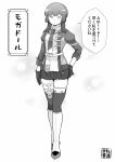  1girl absurdres artist_logo blunt_sidelocks commentary_request freckles full_body greyscale hairband hand_on_own_hip highres kantai_collection logo long_hair looking_at_viewer microskirt military_uniform mogador_(kancolle) monochrome skirt solo standing tenshin_amaguri_(inobeeto) thighhighs translation_request 