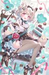  1girl ahoge amakami_konomi animal_ears ass bare_shoulders black_bow bow bracelet breasts cake candy chocolate chocolate_cake double_bun food fork green_ribbon grey_thighhighs hair_bun heart heart-shaped_chocolate heart-shaped_food heart_ahoge highres holding holding_cake holding_food holding_fork jewelry light_blush million_production mint_chocolate on_chair pink_eyes ribbon shirt short_hair small_breasts smile solo strappy_heels tail thighhighs tutu wasabi_(sekai) white_hair white_shirt zettai_ryouiki 