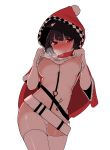  absurdres animal_ears azur_lane bangs belt between_breasts black_hair blunt_bangs blush breasts cape cat_ears commentary_request eyebrows_visible_through_hair highres hood korean_commentary lifted_by_self looking_at_viewer navel no_bra panties reba_(revaking) red_eyes ribbed_sweater short_hair simple_background smile sweater thighhighs underboob underwear white_background white_panties yamashiro_(azur_lane) 