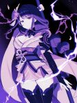  absurdres arm_up armor asymmetrical_sleeves blunt_bangs braid breasts bridal_gauntlets cleavage closed_mouth commentary_request electricity falling_petals genshin_impact hair_ornament highres holding holding_polearm holding_weapon japanese_clothes kimono large_breasts long_braid long_hair looking_at_viewer looking_to_the_side mitsudomoe_(shape) mole mole_under_eye monochrome neck_ribbon off_shoulder petals polearm purple_background purple_eyes purple_hair purple_kimono purple_nails purple_ribbon purple_sash purple_thighhighs raiden_shogun ribbon sash shade shio_shake_shio shoulder_armor single_braid standing thick_thighs thighhighs thighs tomoe_(symbol) uneven_sleeves weapon weapon_behind_back wide_sleeves 