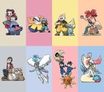  4girls 5boys absurdres altaria bandeau beard belt black_gloves black_pants black_sandals black_sclera black_shirt black_shoes blacknirrow blue_eyes blue_hair blue_helmet blue_pants blue_shoes blue_shorts boots bow brawly_(pokemon) brown_hair clenched_hands closed_eyes closed_mouth colored_sclera commentary dark-skinned_male dark_skin dress english_commentary eyelashes eyewear_on_head facial_hair fangs fingerless_gloves flannery_(pokemon) flight_suit flying gloves goggles goggles_on_headwear green_jacket grey_dress grey_eyes hair_bow hand_on_own_chest hariyama hat helmet highres holding holding_poke_ball index_finger_raised jacket jewelry jumpsuit laughing lightning_bolt_print liza_(pokemon) long_hair lunatone manectric midriff milotic multiple_boys multiple_girls navel necklace norman_(pokemon) nosepass old old_man open_clothes open_jacket open_mouth orange-tinted_eyewear outline outstretched_arms pants pantyhose pink_bow pink_pantyhose poke_ball poke_ball_(basic) pokemon pokemon_(creature) pokemon_oras punching purple_shirt red_bandeau red_eyes red_hair red_jacket roxanne_(pokemon) sandals shirt shoes shorts sitting slaking sleeveless sleeveless_shirt smile smoke solrock spiked_hair spread_arms standing tan tate_(pokemon) teeth tinted_eyewear torkoal twintails upper_teeth_only wallace_(pokemon) wattson_(pokemon) white_belt white_boots white_gloves white_hair white_hat white_outline white_pants white_shirt winona_(pokemon) yawning yellow_jumpsuit 