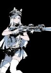  1girl :/ ammunition_pouch animal_ears assault_rifle baseball_cap black_background blunt_bangs bulletproof_vest closed_mouth cross_hair_ornament dog_ears expressionless fake_animal_ears fingerless_gloves girls&#039;_frontline girls&#039;_frontline_2:_exilium gloves goggles goggles_on_head gun h&amp;k_hk416 hair_ornament hat highres hk416_(girls&#039;_frontline) holster long_hair magazine_(weapon) multicolored_eyes osakana_(denpa_yun&#039;yun) pleated_skirt pouch reloading rifle simple_background skirt solo suppressor thigh_holster thighhighs very_long_hair weapon white_hair white_skirt white_thighhighs 