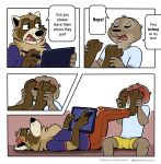 anthro blush bottomwear brown_body clothed clothing comic dialogue digital_media_(artwork) drawing_tablet duo electronics english_text feet felix_(nik159) fingers foot_fetish foot_grab foot_on_face foot_play fur furniture hi_res holding_object holding_tablet holding_tablet_pen humor lying male male/male mammal mustelid nik_(nik159) nikraccoom on_back one_page_comic open_mouth otter pants procyonid raccoon shirt shorts simple_background sitting sofa speech_bubble tablet_pen tail teeth text toes topwear