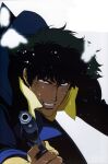  1boy bug butterfly cowboy_bebop gun hair_between_eyes highres holding holding_gun holding_weapon kawamoto_toshihiro male_focus messy_hair official_art red_eyes scan spike_spiegel sweat teeth weapon 