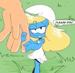 ambiguous_gender blonde_hair blue_body blue_skin cheek_bulge clothing dress duo english_text female grass hair hat headgear headwear holding_finger human long_hair mammal minigirl plant sad smurf smurfette speech_bubble text the_smurfs tommytornado white_clothing white_dress white_hat white_headwear