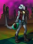  anthro biker blue_eyes boots breasts cassette_player city cityscape clothing denim denim_shorts digitigrade eyewear female fish footwear goggles hair headphones helmet leather marine piercing shark shirt shorts solo stylized sugarboy tank_top tattoo vest white_hair 