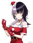 1girl bell black_hair breasts choker cleavage dress gloves gototo_touma grey_hair hat highres hololive hololive_english large_breasts long_hair looking_at_viewer mini_hat mini_santa_hat multicolored_hair neck_bell red_choker red_dress red_gloves santa_costume santa_dress santa_hat shiori_novella simple_background solo split-color_hair twitter_username two-tone_hair virtual_youtuber white_background yellow_eyes 