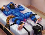  2014 anal anal_penetration anthro asphyxiation bdsm bed blindfold bondage bound breathplay bulge chibi-marrow clothed clothing feline fucking_machine gag gagged machine male mammal muzzle_(object) muzzled on_bed pawpads paws penetration pillow rubber sensory_deprivation sex_toy solo stripes tiger 