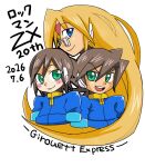  1girl 2boys aile_(mega_man_zx) anniversary blonde_hair blue_eyes blue_jacket blush_stickers brown_hair closed_mouth commentary_request copyright_name cropped_torso dated ebimpawa girouette_(mega_man) glasses green_eyes jacket long_hair mega_man_(series) mega_man_zx multiple_boys open_mouth robot_ears semi-rimless_eyewear short_hair simple_background smile teeth under-rim_eyewear upper_body upper_teeth_only vent_(mega_man) white_background 