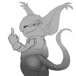  anthro big_ears bottomless buckteeth butt chua clothed clothing gloves greyscale hair hair_over_eye half-dressed jerseydevil long_tail looking_at_viewer looking_back low-angle_shot male mammal middle_finger monochrome naughty_face raised_tail rodent sketch solo teeth vest 