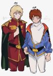  2boys aged_down amuro_ray arm_at_side belt belt_buckle black_belt black_cape blonde_hair blue_eyes blue_jacket brown_eyes brown_hair buckle cape char&#039;s_counterattack char_aznable character_age chinese_text closed_mouth cropped_legs gundam high_collar highres holding holding_cape holding_unworn_clothes jacket looking_down male_focus mobile_suit_gundam multiple_boys pants partially_unzipped red_jacket red_pants shirt short_hair shoulder_boards simple_background translation_request turtleneck v_icky white_background white_pants white_shirt yellow_trim 