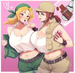  2girls bandana bare_shoulders baseball_cap belt blonde_hair blush border breasts brown_belt brown_hair brown_hat brown_shorts brown_vest candy chocolate chocolate_bar cleavage commentary_request cowboy_shot crop_top cropped_vest feeding fio_germi food glasses green_bandana green_shorts green_vest hat heart holding holding_chocolate holding_food huge_breasts kasamoto_eri madsensei medium_hair metal_slug midriff multiple_girls navel off_shoulder open_clothes open_mouth open_vest outside_border pink_background rimless_eyewear round_eyewear shorts tank_top valentine vest white_border white_tank_top wristband 