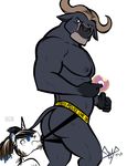  2015 bgn bogo butt clothed clothing coppertone disney doughnut duo equine food half-dressed horn jockstrap looking_back male mammal nipples officer simple_background size_difference standing topless underwear unicorn water_buffalo white_background zootopia 