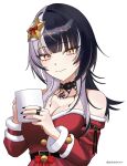  1girl absurdres black_choker black_hair black_nails breasts choker cleavage closed_mouth coffee_mug cup dress english_commentary fur-trimmed_dress fur_trim gototo_touma grey_hair hair_ornament highres holding holding_cup hololive hololive_english jewelry large_breasts long_hair looking_at_viewer mug multicolored_hair red_dress ring santa_costume santa_dress shiori_novella simple_background smile solo split-color_hair twitter_username two-tone_hair virtual_youtuber white_background yellow_eyes 