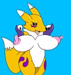  2015 anthro areola big_breasts blue_eyes blush breasts canine digimon erect_nipples female fox fur lactating mammal milk mr.under nipples nude open_mouth pussy renamon simple_background smile solo tongue white_fur yellow_fur 
