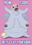  ! big_breasts black_eyes blonde_hair breasts curtsibling derp derp_eyes derpy_hooves_(mlp) digital_media_(artwork) english_text equine female friendship_is_magic fur grey_fur hair horse mammal my_little_pony navel nipples nude obese open_mouth overweight pegasus pony simple_background solo teeth text tongue white_sclera wings 