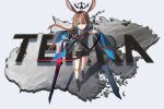  1girl amiya_(arknights) animal_ears ankle_boots anklet aqua_eyes arknights arm_up black_cape black_halo black_shirt black_shorts blue_cape blue_collar boots brown_boots brown_hair cape chinese_commentary closed_mouth collar commentary diffraction_spikes full_body grey_background hair_between_eyes halo highres jewelry long_hair looking_at_viewer magic originium_arts_(arknights) outstretched_arm outstretched_hand reaching reaching_towards_viewer ring shirt shorts sidelocks solo standing strap sword two-sided_cape two-sided_fabric weapon zobnuy 