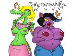  2015 anthro big_breasts black_hair blonde_hair blush bratty_(undertale) breasts cat catty_(undertale) clothed clothing duo english_text eyelashes feline female flashing hair half-dressed huge_breasts mammal multicolored_hair nipples open_mouth overweight reiduran smile speech_bubble text topless two_tone_hair undertale video_games 