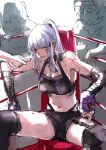  3girls :d bandaged_arm bandages bare_shoulders black_thighhighs blood bottle boxing_ring breasts character_request cleavage eyepatch girls&#039;_frontline hair_ornament hairclip highres hk416_(girls&#039;_frontline) injury long_hair looking_at_viewer midriff multiple_girls navel osakana_(denpa_yun&#039;yun) ponytail sitting smile solo_focus spread_legs sweat teardrop_facial_mark thighhighs white_hair yellow_eyes 