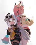  2girls back-to-back bare_shoulders cowboy_shot crop_top dark_skin detached_sleeves genshin_impact gradient_background green_eyes grey_background height_difference highres horns iansan_(genshin_impact) long_sleeves midriff mockingeu multiple_girls navel pink_hair standing thighhighs thighs varesa_(genshin_impact) white_background white_hair white_thighhighs 