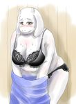  big_breasts blush bra breasts brown_eyes caprine chubby clothing embarrassed female fur goat horn mammal mature_female overweight panties sweat toriel undertale underwear undressing video_games voluptuous white_fur wide_hips 