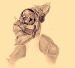  1boy alphonse_elric armor clenched_hand fighting_stance fullmetal_alchemist hadsbae highres looking_down partially_colored simple_background spiked spiked_armor white_loincloth yellow_background 
