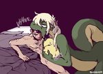  2015 anthro bed blue_eyes breasts dragon duo eyes_closed female hair human male male/female mammal nipples nude purple_background reclining saliva sex shyguy9 size_difference sophie_(shyguy9) sound_effects sweat thick_tail titfuck tongue tongue_out vore white_hair 