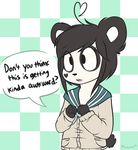  &lt;3 2015 ahoge ambiguous_gender anthro bear black_hair checkered_background clothed clothing dialogue english_text girly hair ken_ashcorp kenny mammal moozua open_mouth panda solo speech_bubble text 