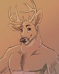  2015 anthro antlers cervine deer horizontal_pupils horn looking_at_viewer male mammal monochrome nude smile solo wryote 