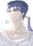  1boy adam&#039;s_apple blue_hair collarbone cu_chulainn_(fate) cu_chulainn_(fate/stay_night) dated earrings fate/stay_night fate_(series) grin hair_strand highres jewelry long_hair looking_away male_focus ponytail princess666 red_eyes shirt signature simple_background smile thick_eyebrows upper_body white_background white_shirt 