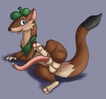  anthro balls beret blush bottomless clothed clothing digital_media_(artwork) emenius erection half-dressed hat long_penis looking_at_viewer lying male mammal mascot mustelid on_side one_leg_up open_mouth penis precum sheath solo tongue tongue_out waistcoat weasel weasyl wesley_(weasyl) 