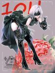  10h_(nier_reincarnation) 1girl bent_over black_blindfold black_boots black_dress black_gloves blindfold boots breasts closed_mouth commentary_request crossed_fingers dress food fruit gloves grey_background grey_hair high_heel_boots high_heels highres large_breasts medium_hair myk88488062 nier_(series) nier_reincarnation smile solo strawberry thigh_boots watermark 