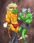  2008 abs anthro belt blonde_hair blue_eyes blush brown_background brown_fur clothed clothing digimon drooling feline fur grey_hair hair horn leomon lion lupinrager male mammal mane muscular ogremon pants pants_down pubes saliva shorts simple_background speedo spikes standing swimsuit tongue 