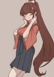  1girl black_hakama brown_eyes brown_hair chakoru commentary cosplay cowboy_shot grey_background hair_ribbon hakama hakama_short_skirt hakama_skirt hands_on_own_face high_ponytail highres houshou_(kancolle) houshou_(kancolle)_(cosplay) japanese_clothes kantai_collection kimono long_hair looking_at_viewer pink_kimono ponytail ribbon simple_background skirt smile solo tasuki yamato_(kancolle) 