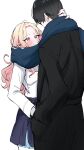  1boy 1girl absurdres black_coat black_hair blonde_hair blue_overskirt blue_skirt blush coat commentary_request facing_another gakuen_idolmaster hatsuboshi_gakuen_school_uniform height_difference hetero highres idolmaster jacket juo_sena kasasagi_(futagodori888) light_smile long_hair producer_(idolmaster) scarf school_uniform shared_clothes shared_scarf short_hair simple_background skirt very_long_hair white_background white_jacket 