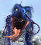  2011 3d ambiguous_gender blue_skin cloud day detailed detailed_background digital_media_(artwork) dragon drooling fangs front_view fur green_eyes hair headshot_portrait horn imminent_vore long_mouth looking_at_viewer mountain mouth_shot open_mouth outside portrait realistic reptile salireths saliva scales scalie sharp_teeth sky slit_pupils snout solo teeth throat tongue tongue_out vore white_sclera 