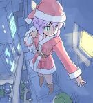  1girl belt boots brown_belt brown_boots building christmas city dress green_eyes hat highres holding holding_sack ledge masuki night original plant potted_plant purple_hair red_hat sack santa_costume santa_dress santa_hat solo tree window 