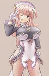  1girl breasts cross gloves hand_on_hip hat highres la_pucelle large_breasts long_hair mole mole_under_eye one_eye_closed open_mouth pantyhose prier red_eyes red_hair smile solo thighs w 