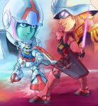  2boys absurdres amuro_ray artist_name blonde_hair char_aznable closed_mouth commentary_request earth_federation_space_forces energy_sword epaulettes fusion glowing glowing_eyes gundam gundam_gihren_no_yabou gundam_gquuuuuux helmet highres holding holding_sword holding_weapon kobakin looking_at_viewer male_focus mecha mecha_pilot_suit military military_uniform mobile_suit mobile_suit_gundam multiple_boys normal_suit_(gundam) one-eyed purple_eyes robot rx-78-2_gundam_casval_custom science_fiction shield short_hair signature smile sword v-fin weapon yellow_eyes zaku zaku_ii zaku_ii_s zeon 