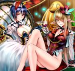  bad_id bad_pixiv_id bare_legs blush bow bowtie breasts chain_chronicle character_request cleavage cocktail_glass cup dress drinking_glass gloves hat highres huge_breasts knees_up komodia looking_at_viewer multiple_girls no_panties pointy_ears revealing_clothes shijiu_(adamhutt) sitting smile toast_(gesture) trish_(chain_chronicle) wine_glass 