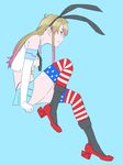  alternate_color american_flag_legwear blue_background bow brown_hair elbow_gloves freckles full_body gloves gradient_hair hair_bow kantai_collection long_hair multicolored_hair ojipon profile protected_link shimakaze_(kantai_collection) simple_background skirt solo thighhighs 