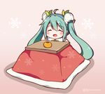  blush closed_eyes food fruit green_hair hatsune_miku kotatsu long_hair mandarin_orange smile snowflakes snowmi solo table twintails vocaloid yuki_miku 